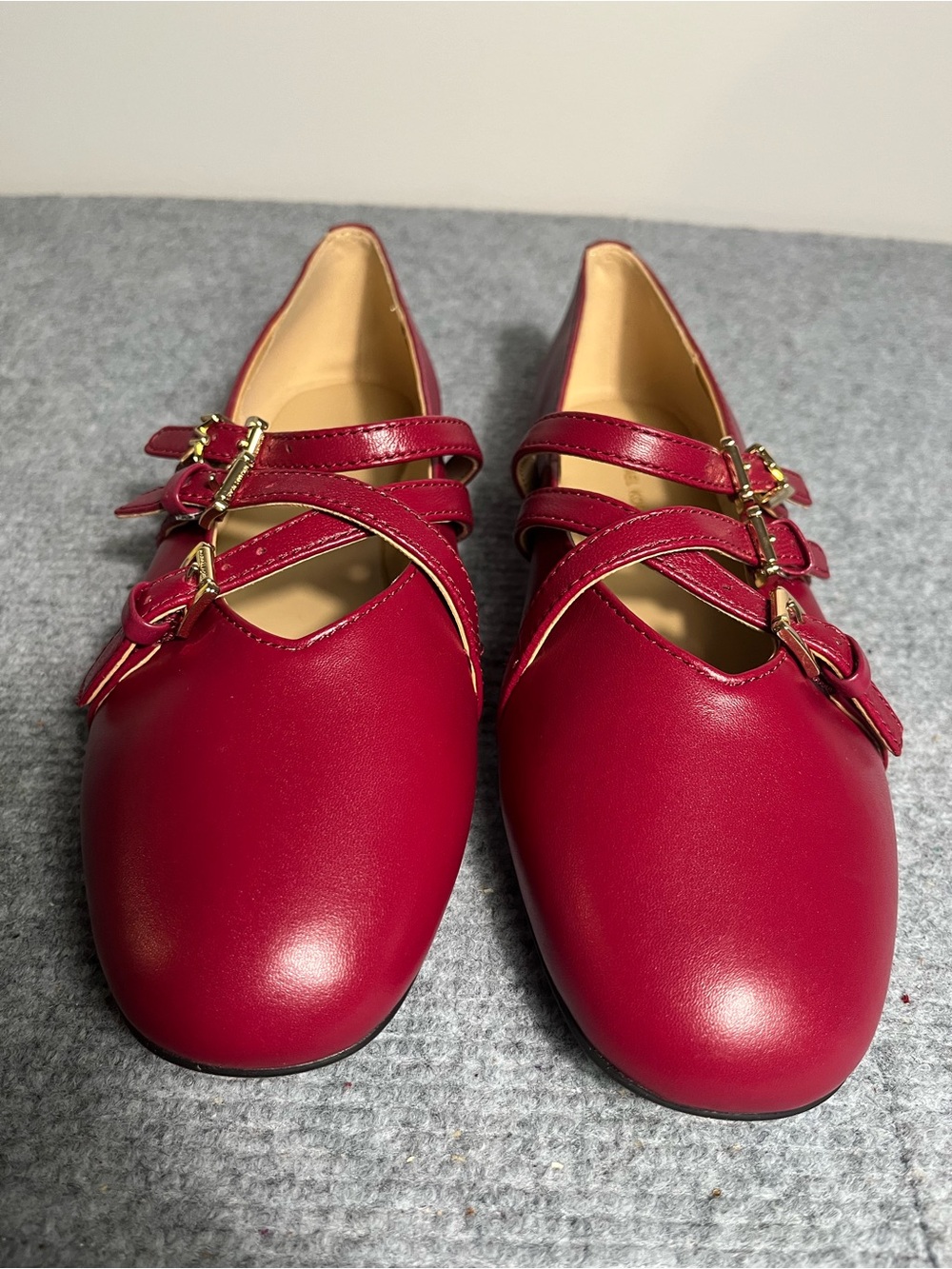 Michael Kors Deep Red Triple-Strap Mary Jane Flats